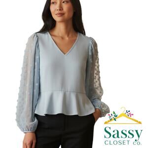 Peach Love California Light Blue Peplum Top M V‑Neck Swiss Dot Sleeve EUC